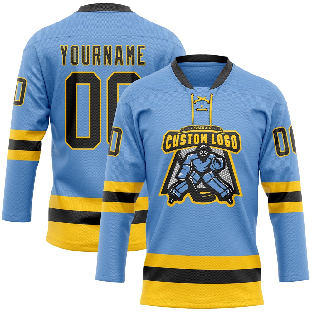 Custom Light Blue Black Yellow Hockey Lace Neck Jersey, New Hockey Jersey, Personali Sport Team Jersey Shirt Custom Light Blue Black Yellow Hockey Lace Neck Jersey, New Hockey Jersey, Personali Sport Team Jersey Shirt