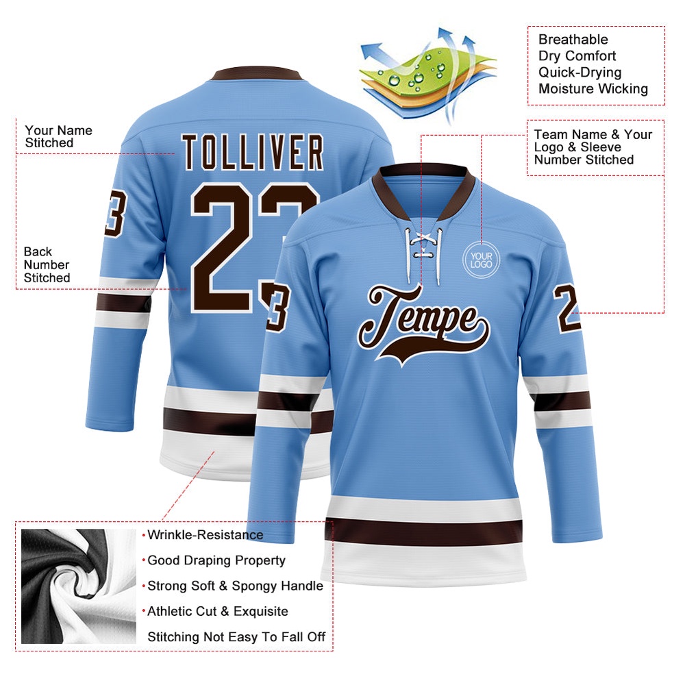 Custom Light Blue Brown White Hockey Lace Neck Jersey, New Hockey Jersey, Personali Sport Team Jersey Shirt Custom Light Blue Brown White Hockey Lace Neck Jersey, New Hockey Jersey, Personali Sport Team Jersey Shirt