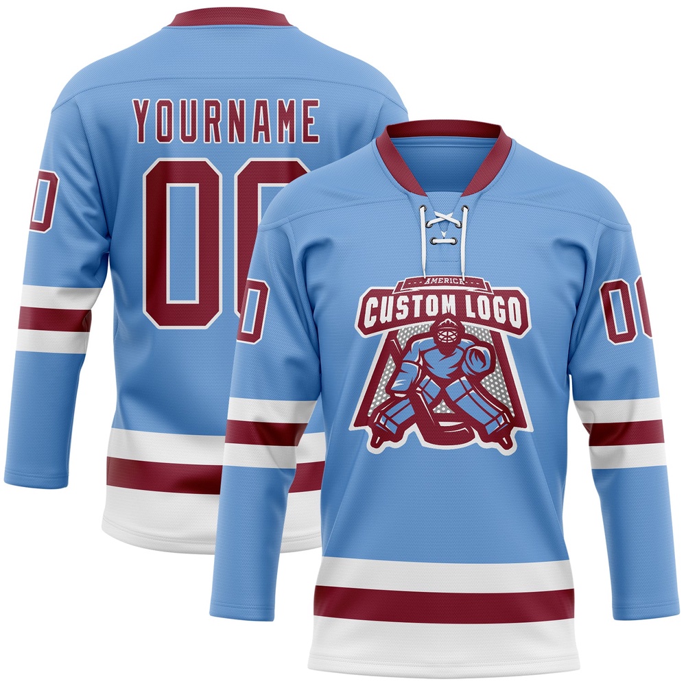 Custom Light Blue Crimson White Hockey Lace Neck Jersey, New Hockey Jersey, Personali Sport Team Jersey Shirt Custom Light Blue Crimson White Hockey Lace Neck Jersey, New Hockey Jersey, Personali Sport Team Jersey Shirt