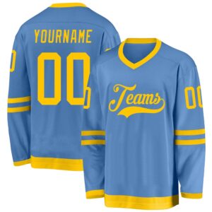 Custom Light Blue Gold Hockey Jersey, New…