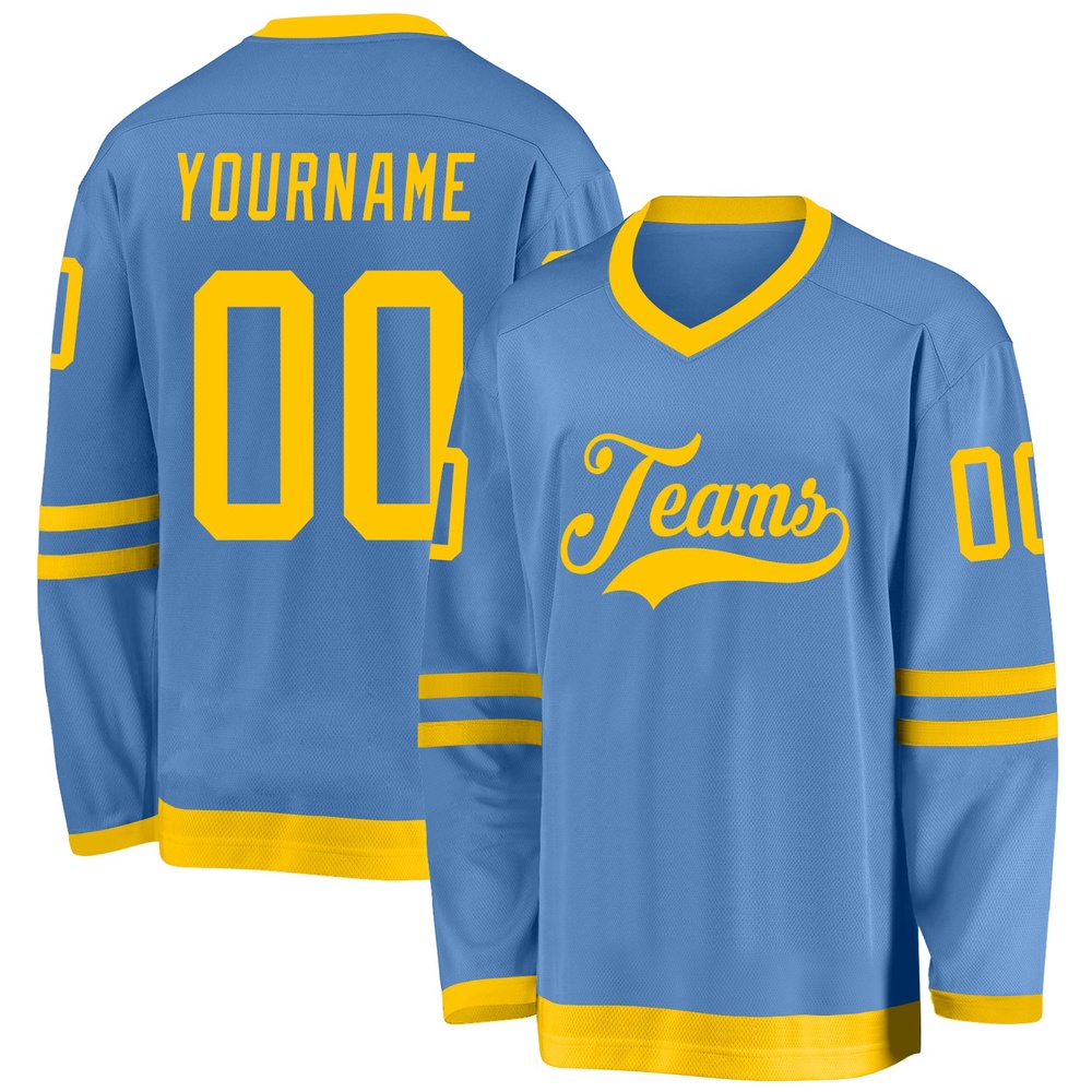 Custom Light Blue Gold Hockey Jersey, New Hockey Jersey, Personali Sport Team Jersey Shirt Custom Light Blue Gold Hockey Jersey, New Hockey Jersey, Personali Sport Team Jersey Shirt