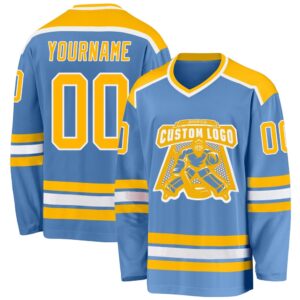 Custom Light Blue Gold White Hockey Jersey,…