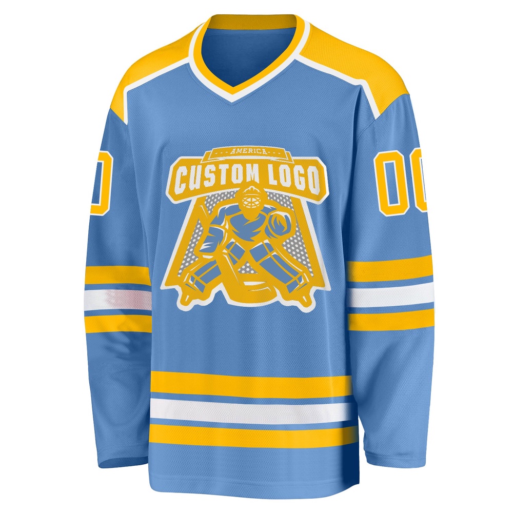 Custom Light Blue Gold White Hockey Jersey, New Hockey Jersey, Personali Sport Team Jersey Shirt Custom Light Blue Gold White Hockey Jersey, New Hockey Jersey, Personali Sport Team Jersey Shirt