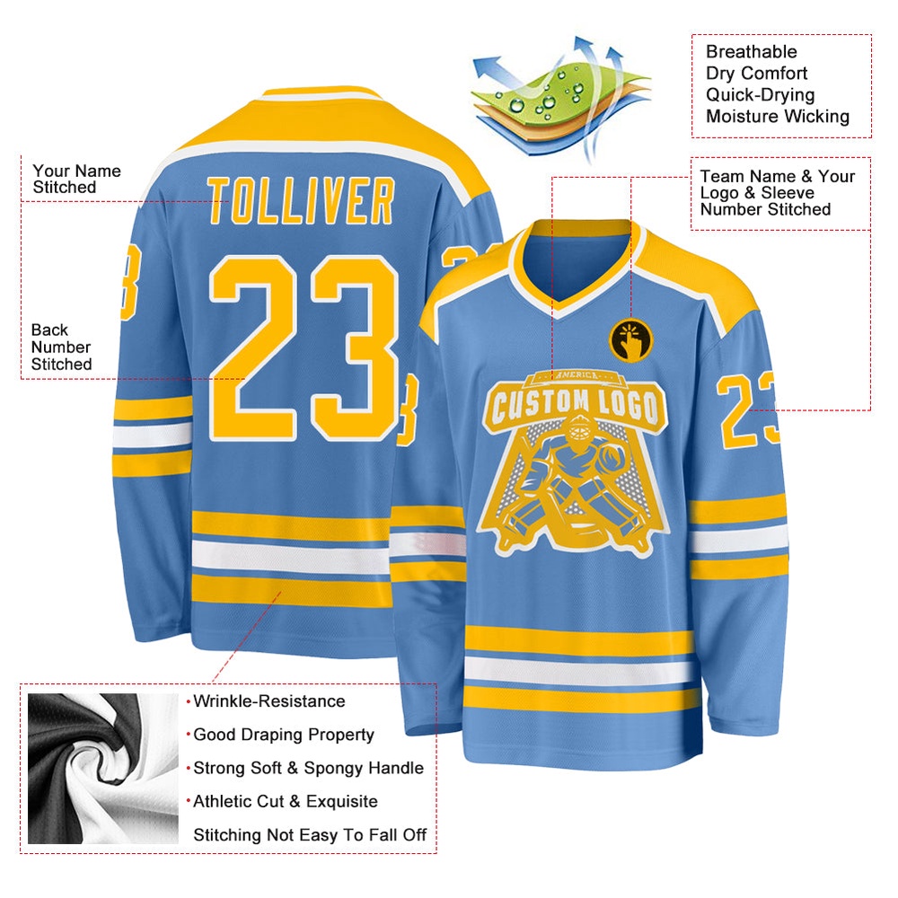 Custom Light Blue Gold White Hockey Jersey, New Hockey Jersey, Personali Sport Team Jersey Shirt Custom Light Blue Gold White Hockey Jersey, New Hockey Jersey, Personali Sport Team Jersey Shirt