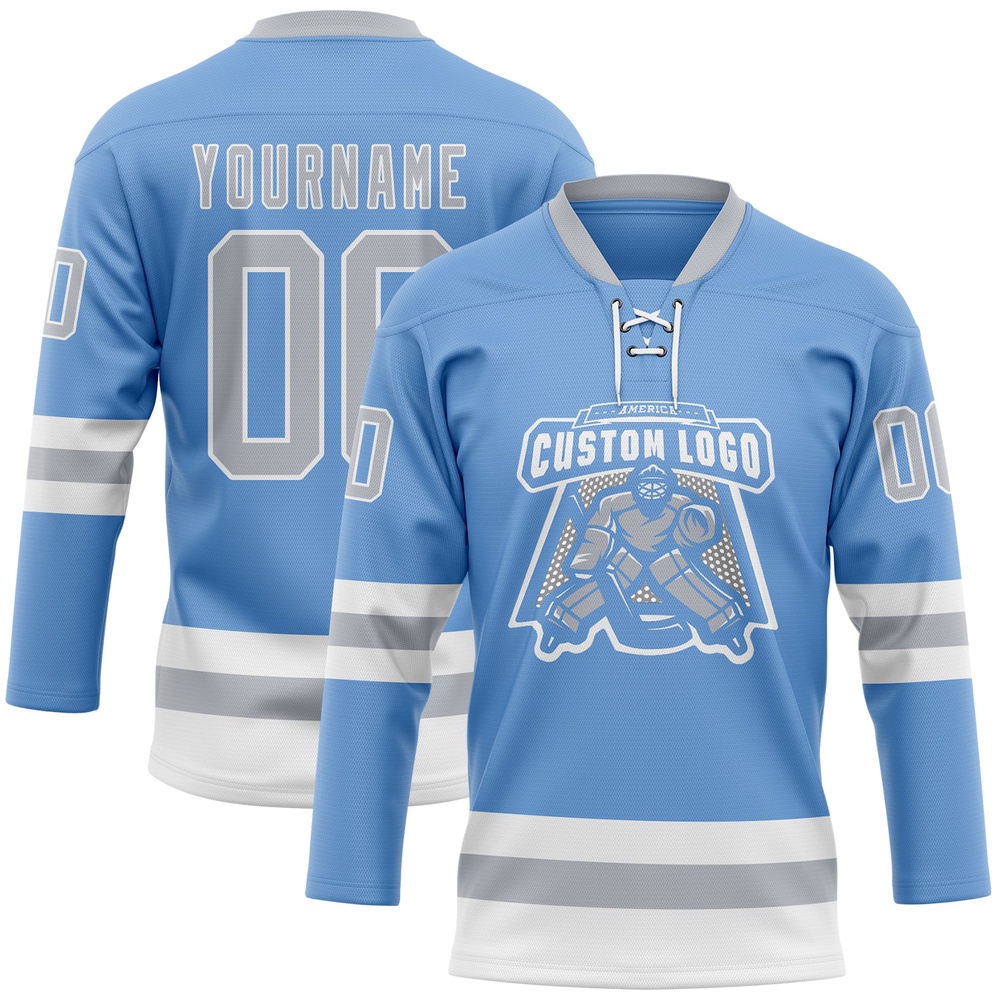 Custom Light Blue Gray White Hockey Lace Neck Jersey, New Hockey Jersey, Personali Sport Team Jersey Shirt Custom Light Blue Gray White Hockey Lace Neck Jersey, New Hockey Jersey, Personali Sport Team Jersey Shirt
