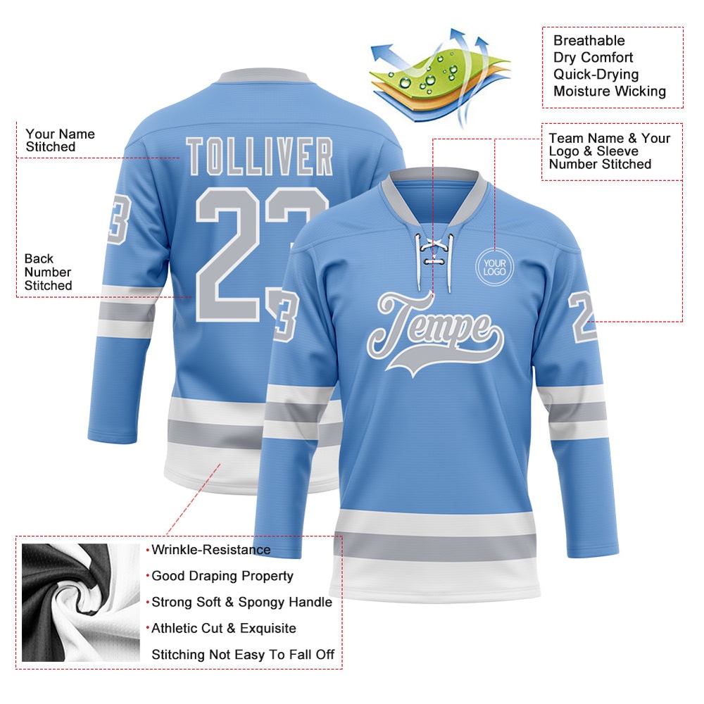 Custom Light Blue Gray White Hockey Lace Neck Jersey, New Hockey Jersey, Personali Sport Team Jersey Shirt Custom Light Blue Gray White Hockey Lace Neck Jersey, New Hockey Jersey, Personali Sport Team Jersey Shirt
