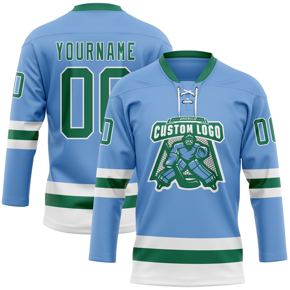 Custom Light Blue Kelly Green White Hockey Lace Neck Jersey, New Hockey Jersey, Personali Sport Team Jersey Shirt Custom Light Blue Kelly Green White Hockey Lace Neck Jersey, New Hockey Jersey, Personali Sport Team Jersey Shirt