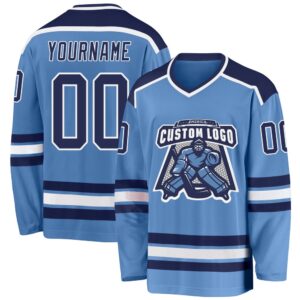 Custom Light Blue Navy White Hockey Jersey,…