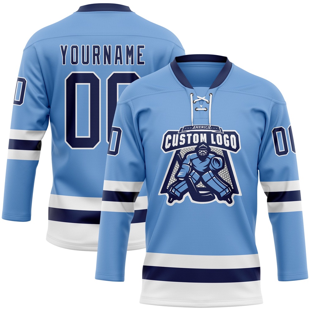 Custom Light Blue Navy White Hockey Lace Neck Jersey, New Hockey Jersey, Personali Sport Team Jersey Shirt Custom Light Blue Navy White Hockey Lace Neck Jersey, New Hockey Jersey, Personali Sport Team Jersey Shirt