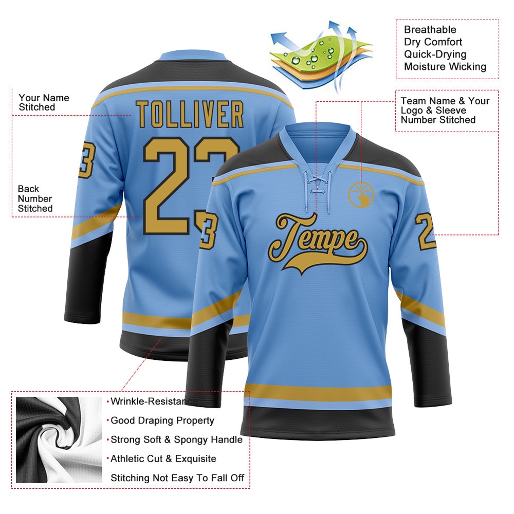 Custom Light Blue Old Gold Black Hockey Lace Neck Jersey, New Hockey Jersey, Personali Sport Team Jersey Shirt Custom Light Blue Old Gold Black Hockey Lace Neck Jersey, New Hockey Jersey, Personali Sport Team Jersey Shirt