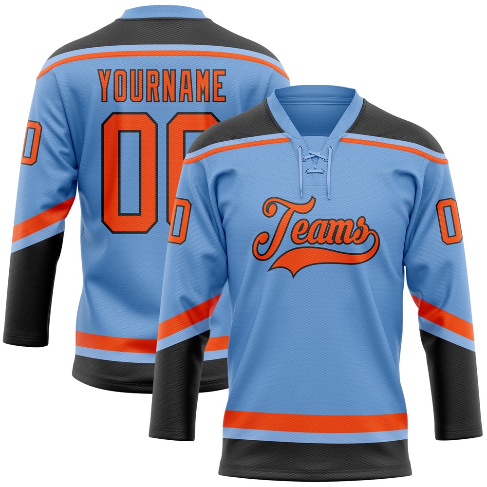 Custom Light Blue Orange Black Hockey Lace Neck Jersey, New Hockey Jersey, Personali Sport Team Jersey Shirt Custom Light Blue Orange Black Hockey Lace Neck Jersey, New Hockey Jersey, Personali Sport Team Jersey Shirt