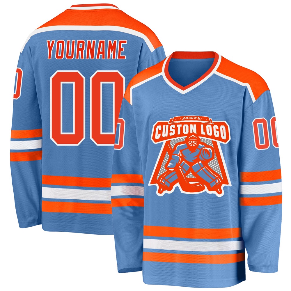 Custom Light Blue Orange White Hockey Jersey, New Hockey Jersey, Personali Sport Team Jersey Shirt Custom Light Blue Orange White Hockey Jersey, New Hockey Jersey, Personali Sport Team Jersey Shirt