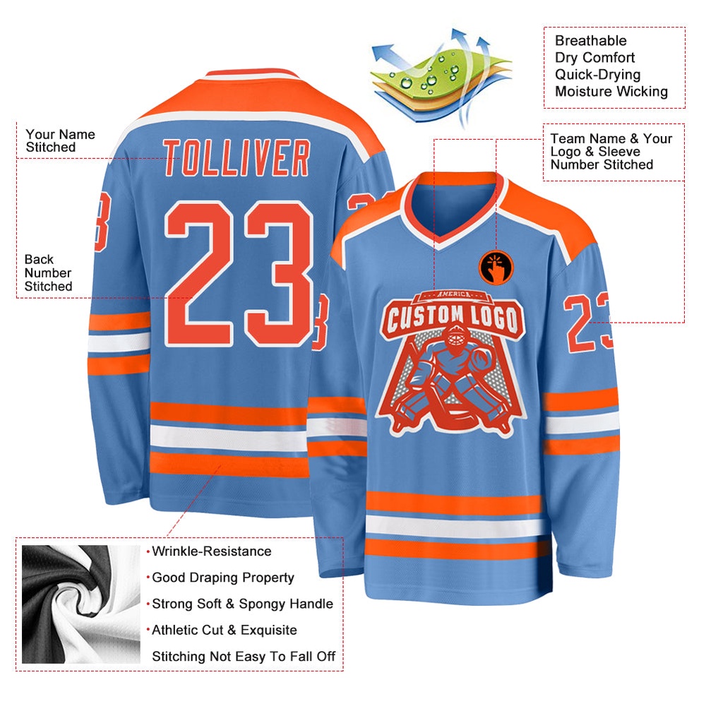 Custom Light Blue Orange White Hockey Jersey, New Hockey Jersey, Personali Sport Team Jersey Shirt Custom Light Blue Orange White Hockey Jersey, New Hockey Jersey, Personali Sport Team Jersey Shirt