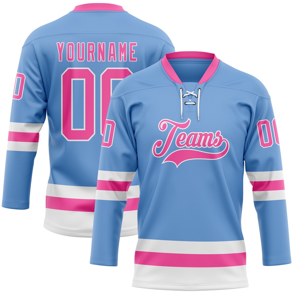 Custom Light Blue Pink White Hockey Lace Neck Jersey, New Hockey Jersey, Personali Sport Team Jersey Shirt
