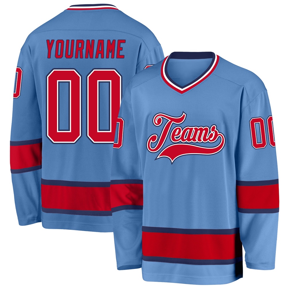 Custom Light Blue Red Navy Hockey Jersey, New Hockey Jersey, Personali Sport Team Jersey Shirt Custom Light Blue Red Navy Hockey Jersey, New Hockey Jersey, Personali Sport Team Jersey Shirt