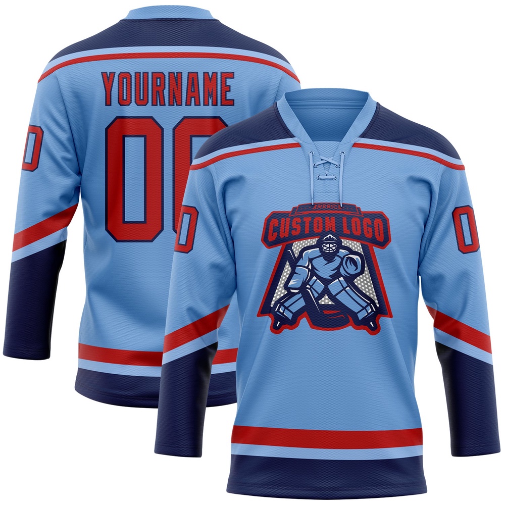 Custom Light Blue Red Navy Hockey Lace Neck Jersey, New Hockey Jersey, Personali Sport Team Jersey Shirt