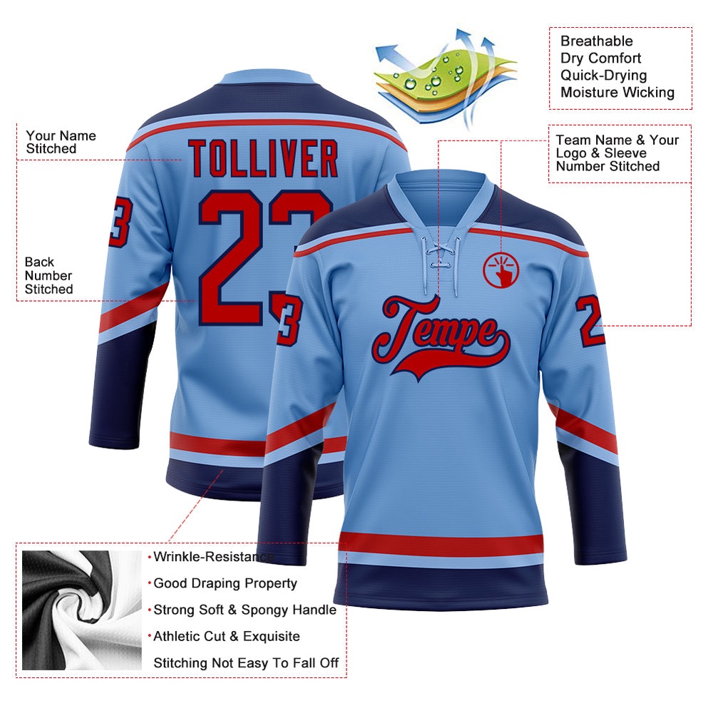Custom Light Blue Red Navy Hockey Lace Neck Jersey, New Hockey Jersey, Personali Sport Team Jersey Shirt
