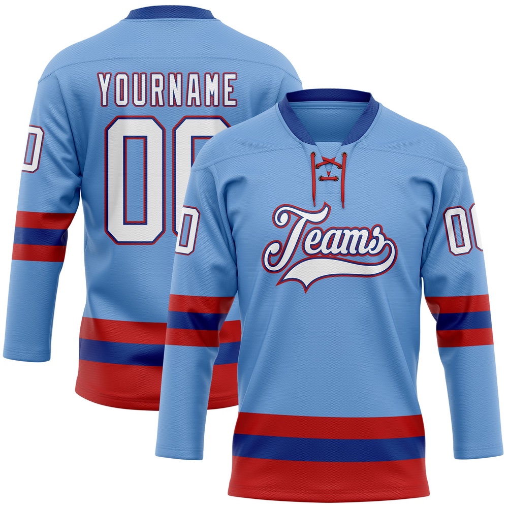 Custom Light Blue Royal Red Hockey Lace Neck Jersey, New Hockey Jersey, Personali Sport Team Jersey Shirt