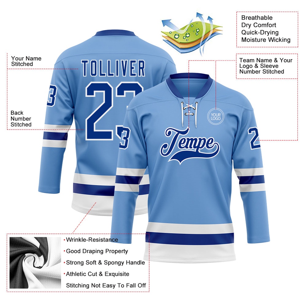 Custom Light Blue Royal White Hockey Lace Neck Jersey, New Hockey Jersey, Personali Sport Team Jersey Shirt
