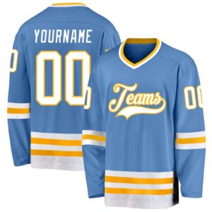 Custom Light Blue White Gold Hockey Jersey,…