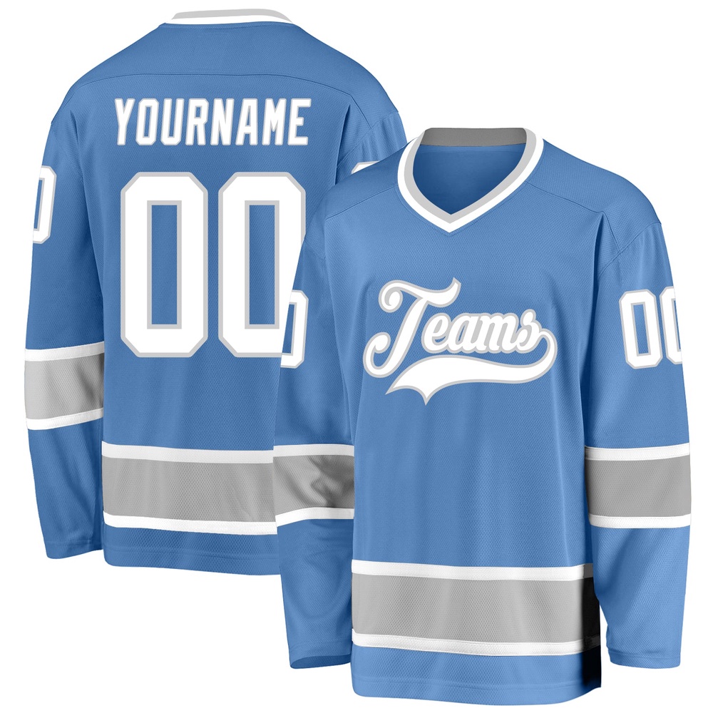 Custom Light Blue White Gray Hockey Jersey, New Hockey Jersey, Personali Sport Team Jersey Shirt Custom Light Blue White Gray Hockey Jersey, New Hockey Jersey, Personali Sport Team Jersey Shirt