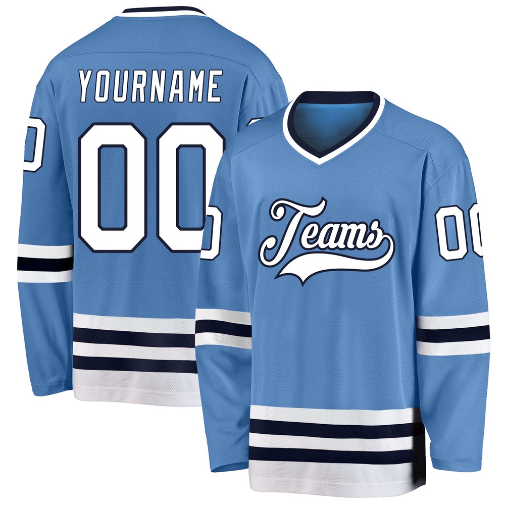 Custom Light Blue White Navy Hockey Jersey, New Hockey Jersey, Personali Sport Team Jersey Shirt Custom Light Blue White Navy Hockey Jersey, New Hockey Jersey, Personali Sport Team Jersey Shirt