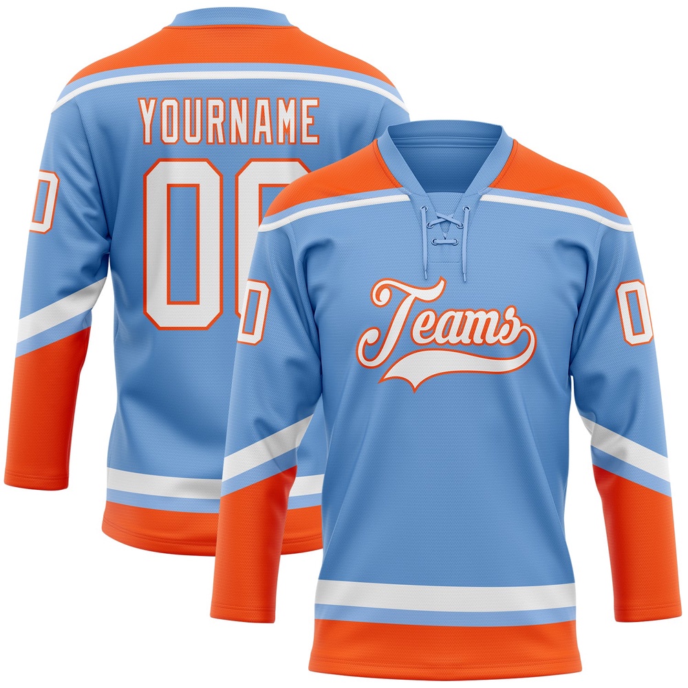 Custom Light Blue White Orange Hockey Lace Neck Jersey, New Hockey Jersey, Personali Sport Team Jersey Shirt Custom Light Blue White Orange Hockey Lace Neck Jersey, New Hockey Jersey, Personali Sport Team Jersey Shirt