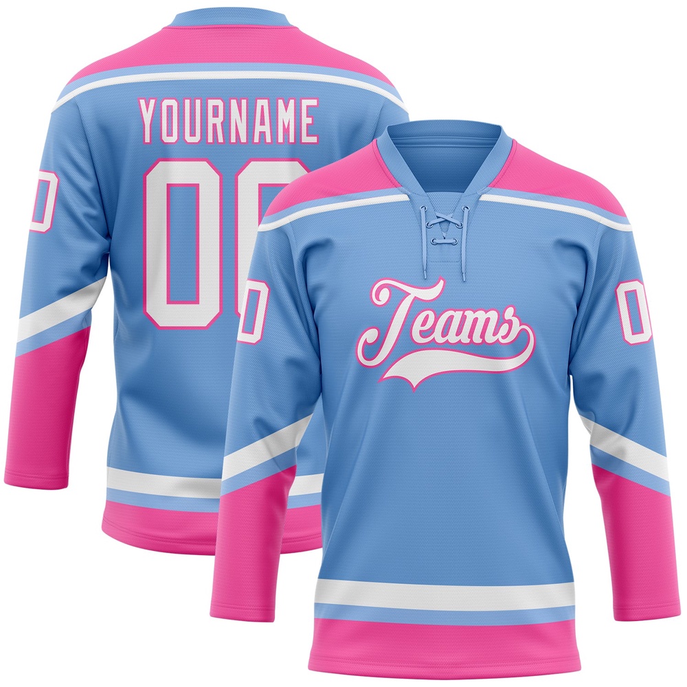 Custom Light Blue White Pink Hockey Lace Neck Jersey, New Hockey Jersey, Personali Sport Team Jersey Shirt Custom Light Blue White Pink Hockey Lace Neck Jersey, New Hockey Jersey, Personali Sport Team Jersey Shirt