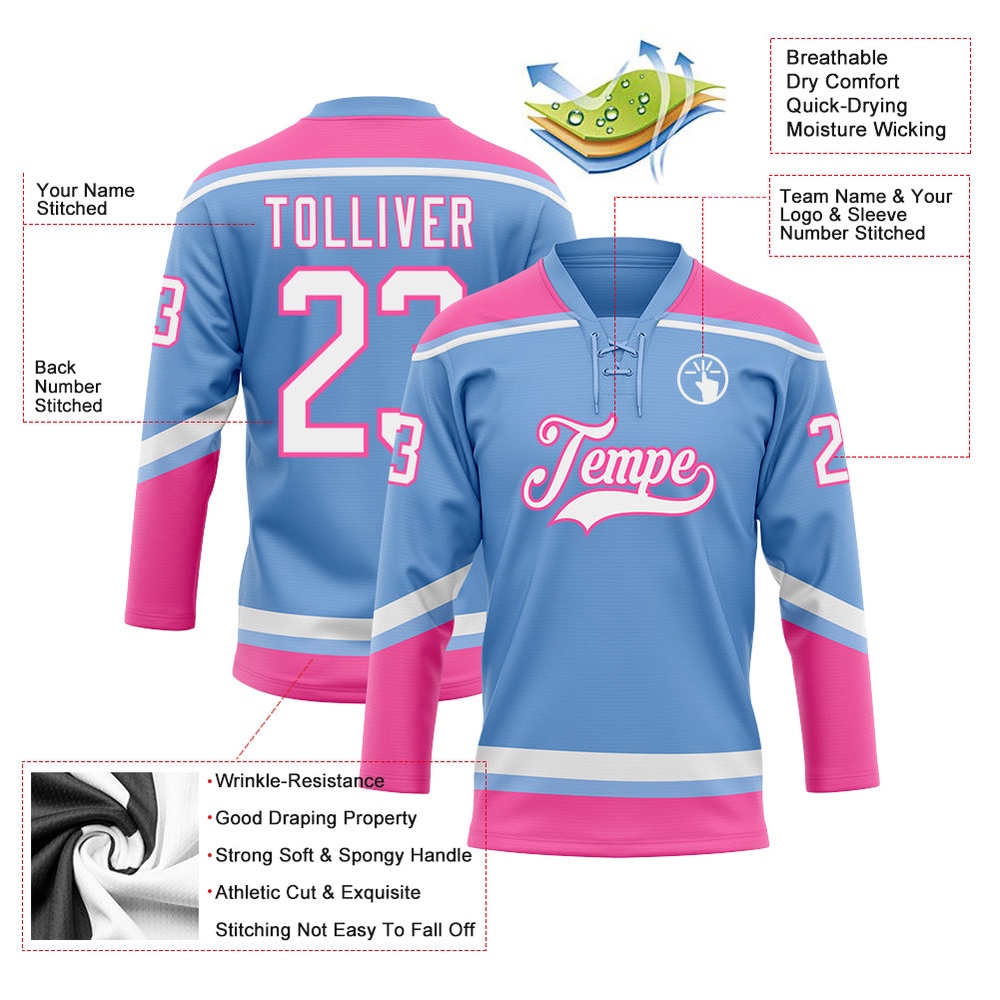 Custom Light Blue White Pink Hockey Lace Neck Jersey, New Hockey Jersey, Personali Sport Team Jersey Shirt Custom Light Blue White Pink Hockey Lace Neck Jersey, New Hockey Jersey, Personali Sport Team Jersey Shirt