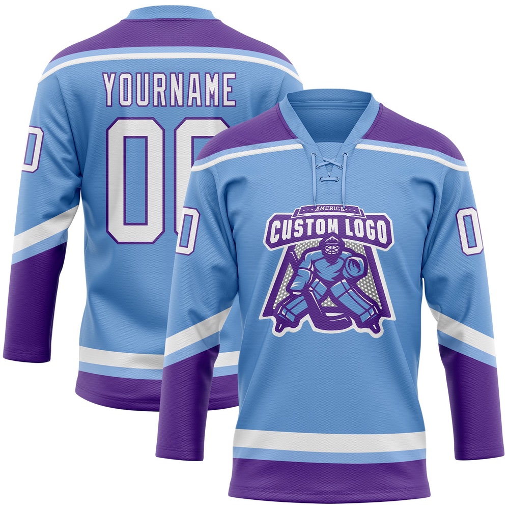 Custom Light Blue White Purple Hockey Lace Neck Jersey, New Hockey Jersey, Personali Sport Team Jersey Shirt Custom Light Blue White Purple Hockey Lace Neck Jersey, New Hockey Jersey, Personali Sport Team Jersey Shirt