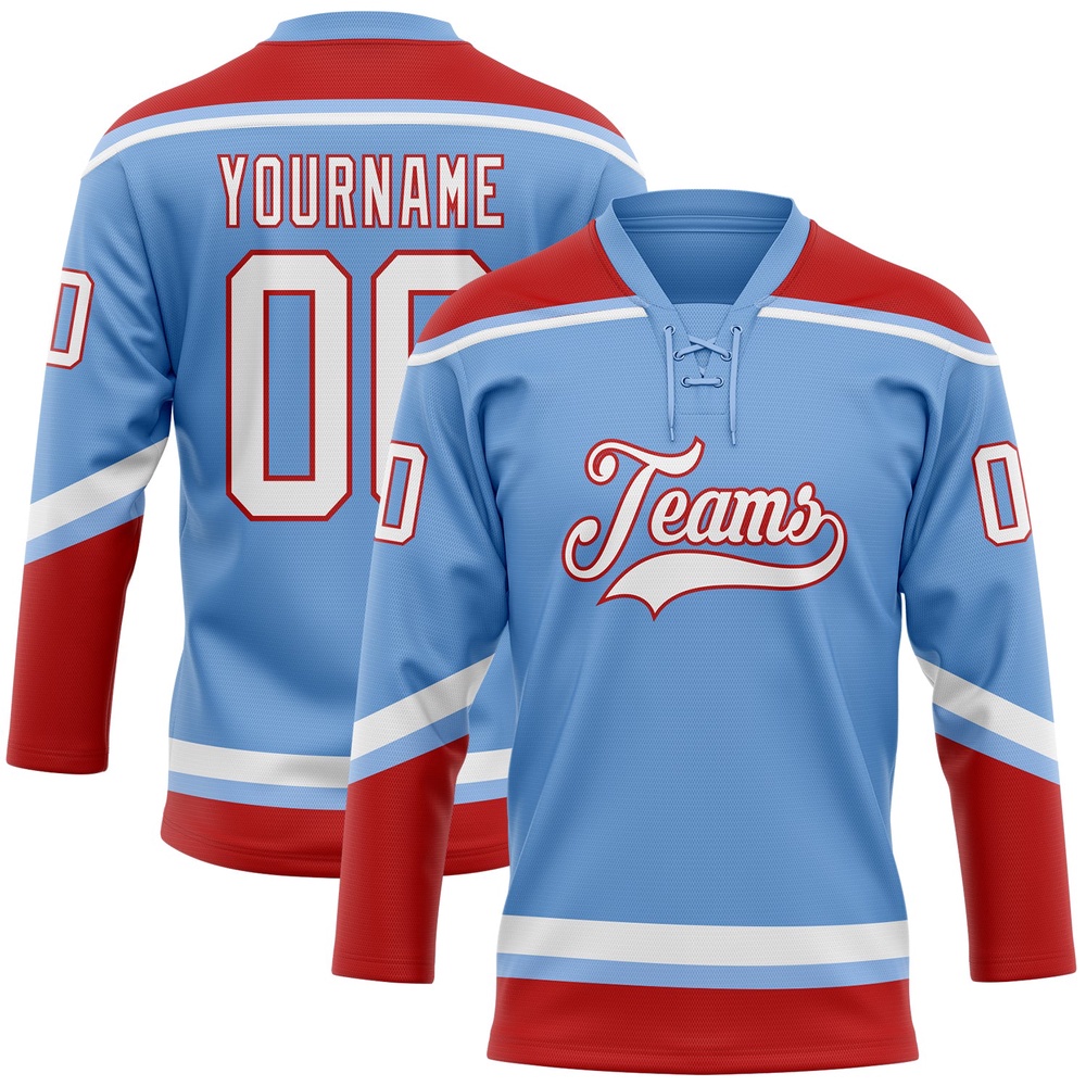Custom Light Blue White Red Hockey Lace Neck Jersey, New Hockey Jersey, Personali Sport Team Jersey Shirt Custom Light Blue White Red Hockey Lace Neck Jersey, New Hockey Jersey, Personali Sport Team Jersey Shirt