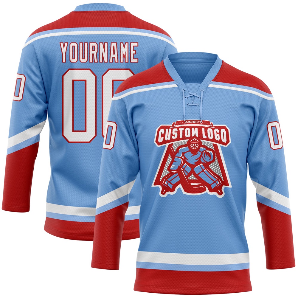 Custom Light Blue White Red Hockey Lace Neck Jersey, New Hockey Jersey, Personali Sport Team Jersey Shirt Custom Light Blue White Red Hockey Lace Neck Jersey, New Hockey Jersey, Personali Sport Team Jersey Shirt