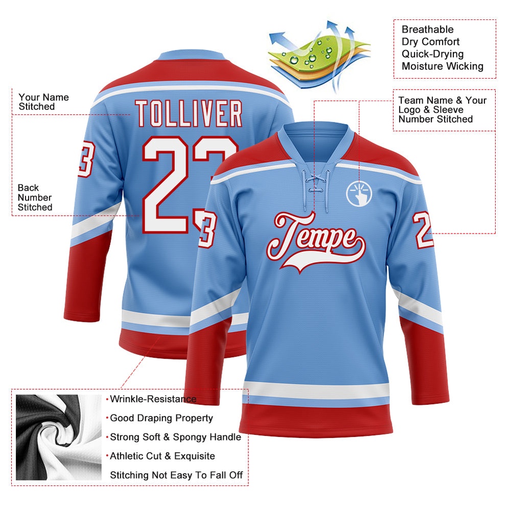 Custom Light Blue White Red Hockey Lace Neck Jersey, New Hockey Jersey, Personali Sport Team Jersey Shirt Custom Light Blue White Red Hockey Lace Neck Jersey, New Hockey Jersey, Personali Sport Team Jersey Shirt