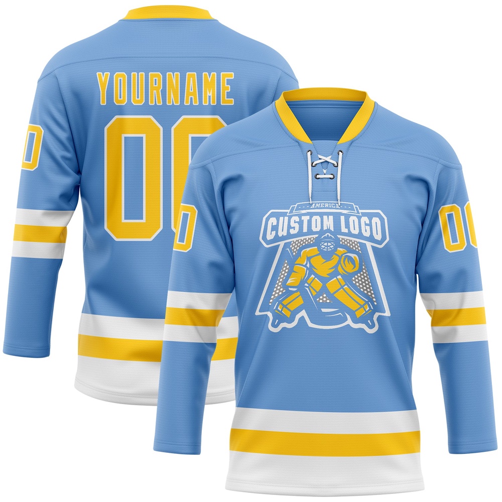 Custom Light Blue Yellow White Hockey Lace Neck Jersey, New Hockey Jersey, Personali Sport Team Jersey Shirt Custom Light Blue Yellow White Hockey Lace Neck Jersey, New Hockey Jersey, Personali Sport Team Jersey Shirt