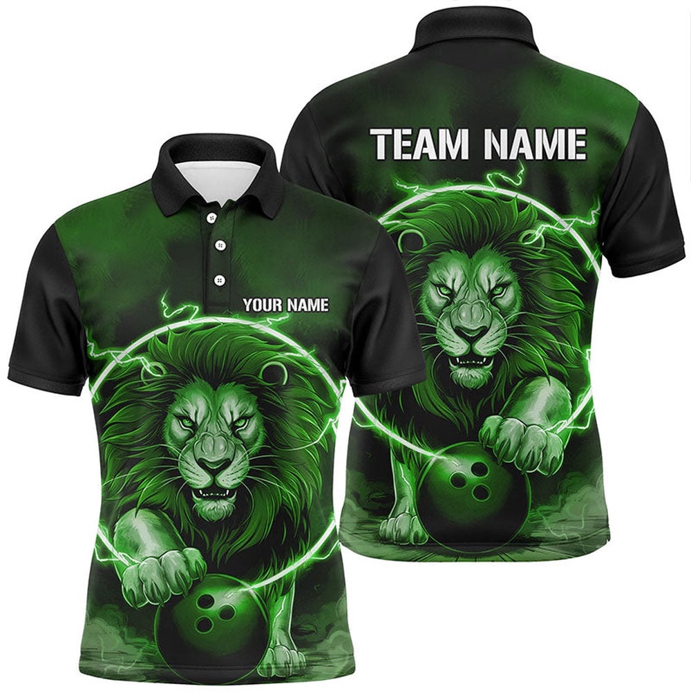 Custom Lion Bowling Polo Shirts For Men, Bowling Shirts Bowling Uniform Green, Personalized Bowling Team Shirt