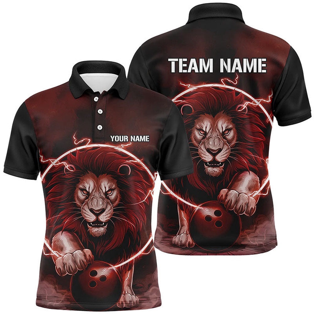 Custom Lion Bowling Polo Shirts For Men, Bowling Shirts Bowling Uniform Red, Personalized Bowling Team Shirt