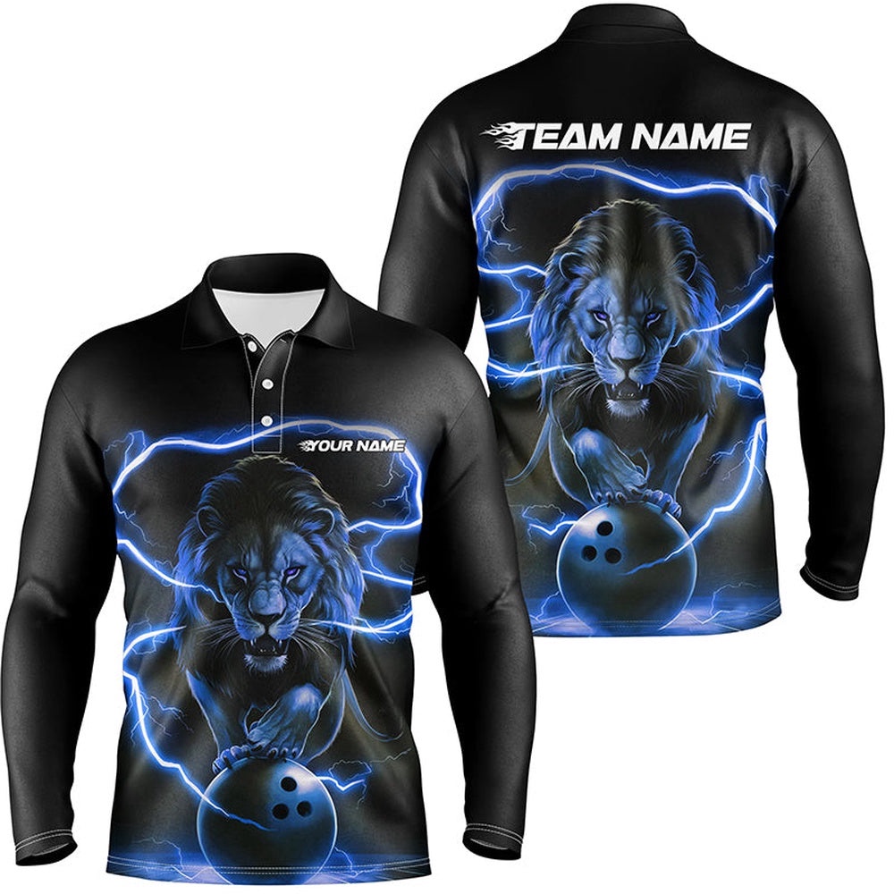 Custom Lion Long Sleeve Bowling Polo Shirts For Men, Bowling Shirts Bowling Uniform Blue, Personalized Bowling Team Shirt