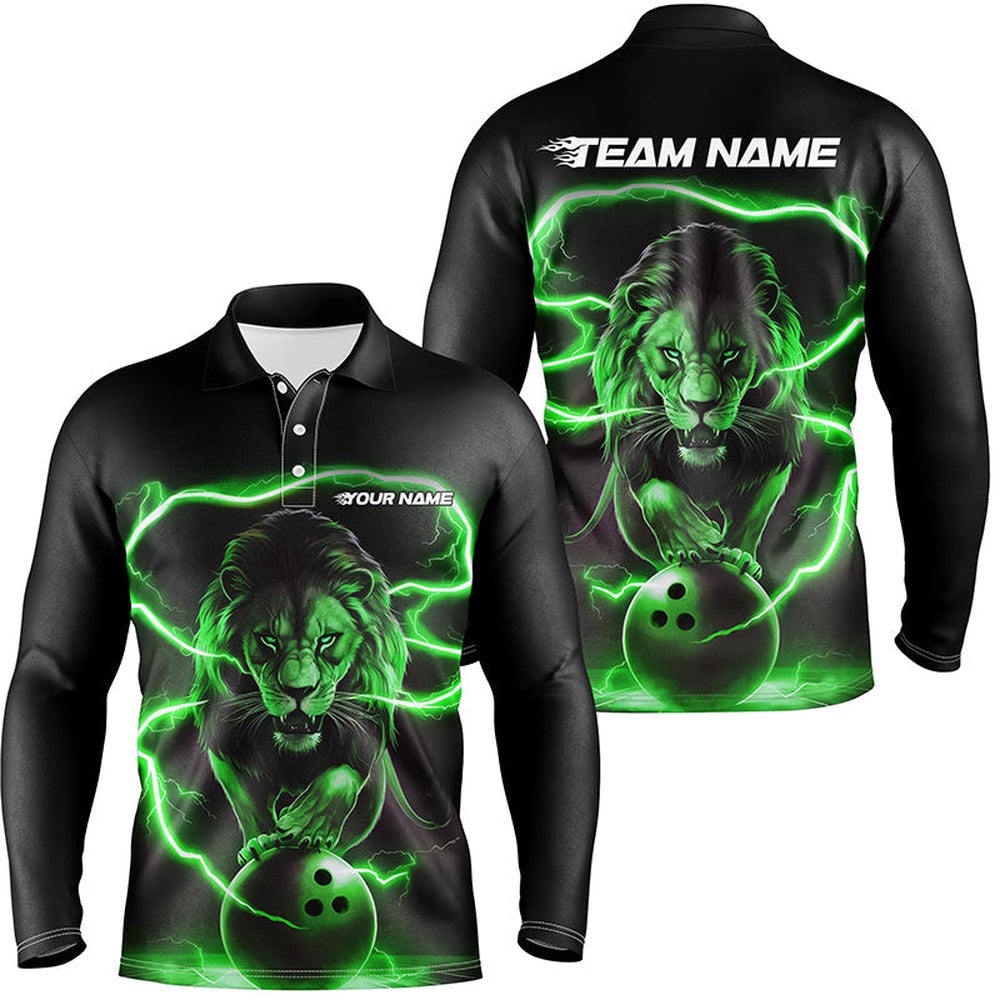 Custom Lion Long Sleeve Bowling Polo Shirts For Men, Bowling Shirts Bowling Uniform Green, Personalized Bowling Team Shirt Custom Lion Long Sleeve Bowling Polo Shirts For Men, Bowling Shirts Bowling Uniform Green, Personalized Bowling Team Shirt