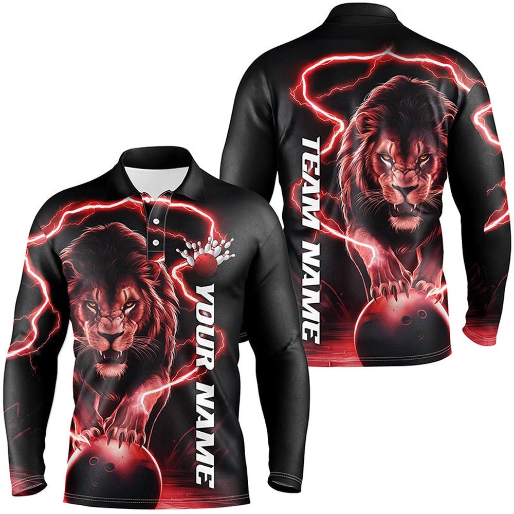 Custom Lion Long Sleeve Bowling Shirts For Men, Lion Bowling Team Shirts Outfit Red, Personalized Bowling Team Shirt