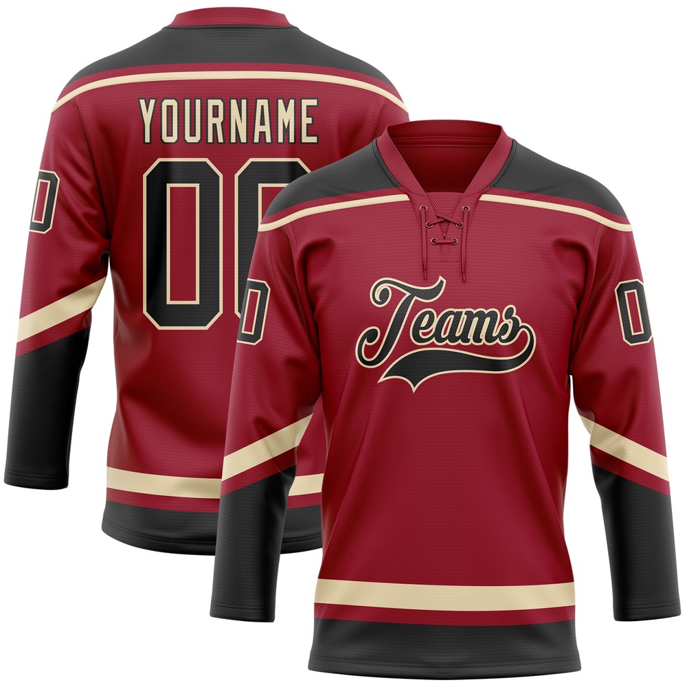 Custom Maroon Black City Cream Hockey Lace Neck Jersey, New Hockey Jersey, Personali Sport Team Jersey Shirt Custom Maroon Black City Cream Hockey Lace Neck Jersey, New Hockey Jersey, Personali Sport Team Jersey Shirt