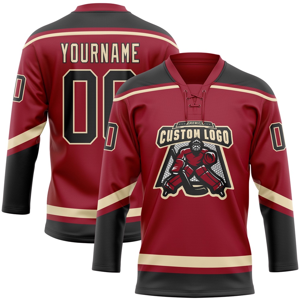 Custom Maroon Black City Cream Hockey Lace Neck Jersey, New Hockey Jersey, Personali Sport Team Jersey Shirt Custom Maroon Black City Cream Hockey Lace Neck Jersey, New Hockey Jersey, Personali Sport Team Jersey Shirt