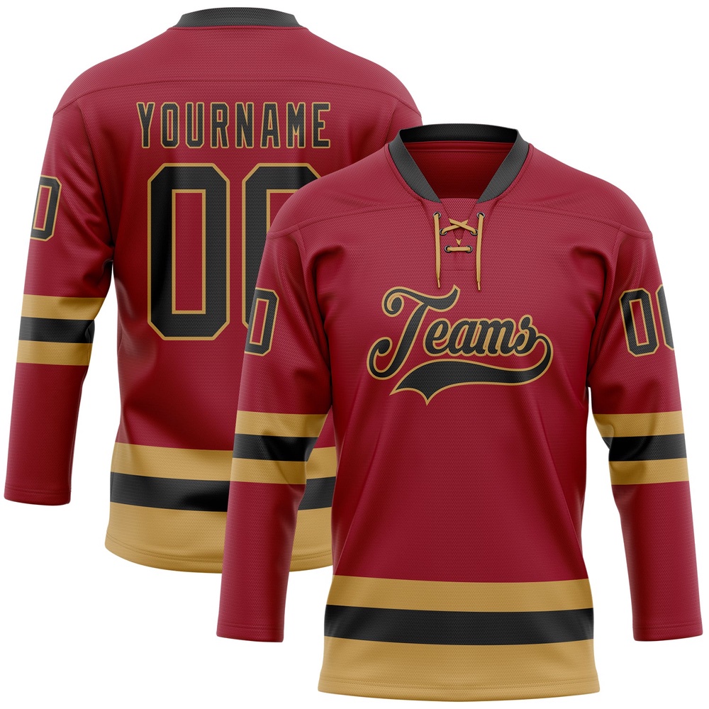 Custom Maroon Black Old Gold Hockey Lace Neck Jersey, New Hockey Jersey, Personali Sport Team Jersey Shirt Custom Maroon Black Old Gold Hockey Lace Neck Jersey, New Hockey Jersey, Personali Sport Team Jersey Shirt
