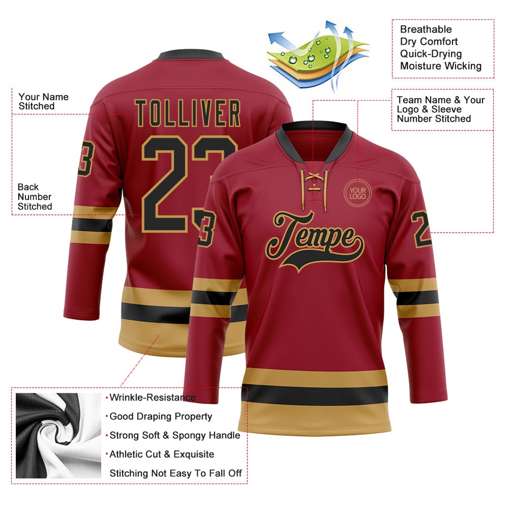 Custom Maroon Black Old Gold Hockey Lace Neck Jersey, New Hockey Jersey, Personali Sport Team Jersey Shirt Custom Maroon Black Old Gold Hockey Lace Neck Jersey, New Hockey Jersey, Personali Sport Team Jersey Shirt