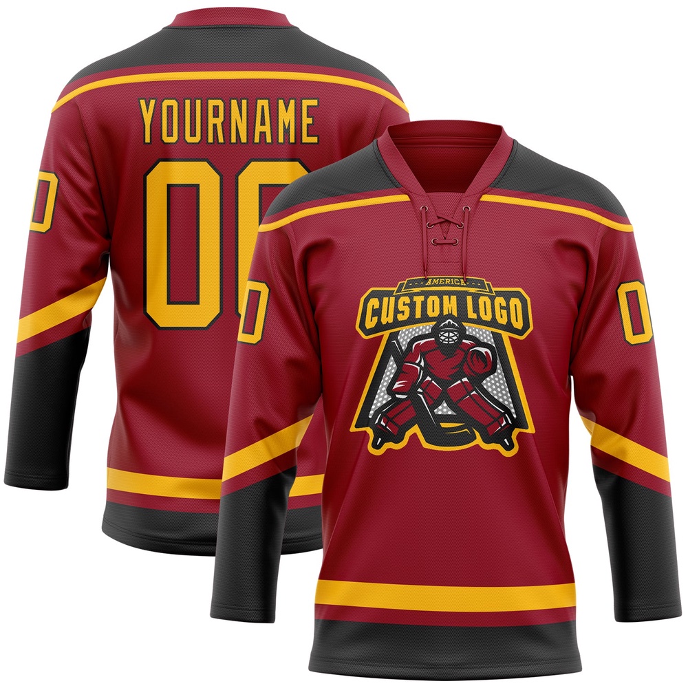 Custom Maroon Gold Black Hockey Lace Neck Jersey, New Hockey Jersey, Personali Sport Team Jersey Shirt Custom Maroon Gold Black Hockey Lace Neck Jersey, New Hockey Jersey, Personali Sport Team Jersey Shirt