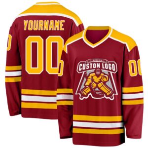 Custom Maroon Gold White Hockey Jersey, New…