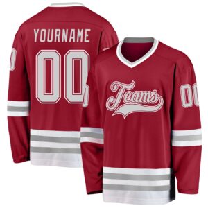 Custom Maroon Gray White Hockey Jersey, New…