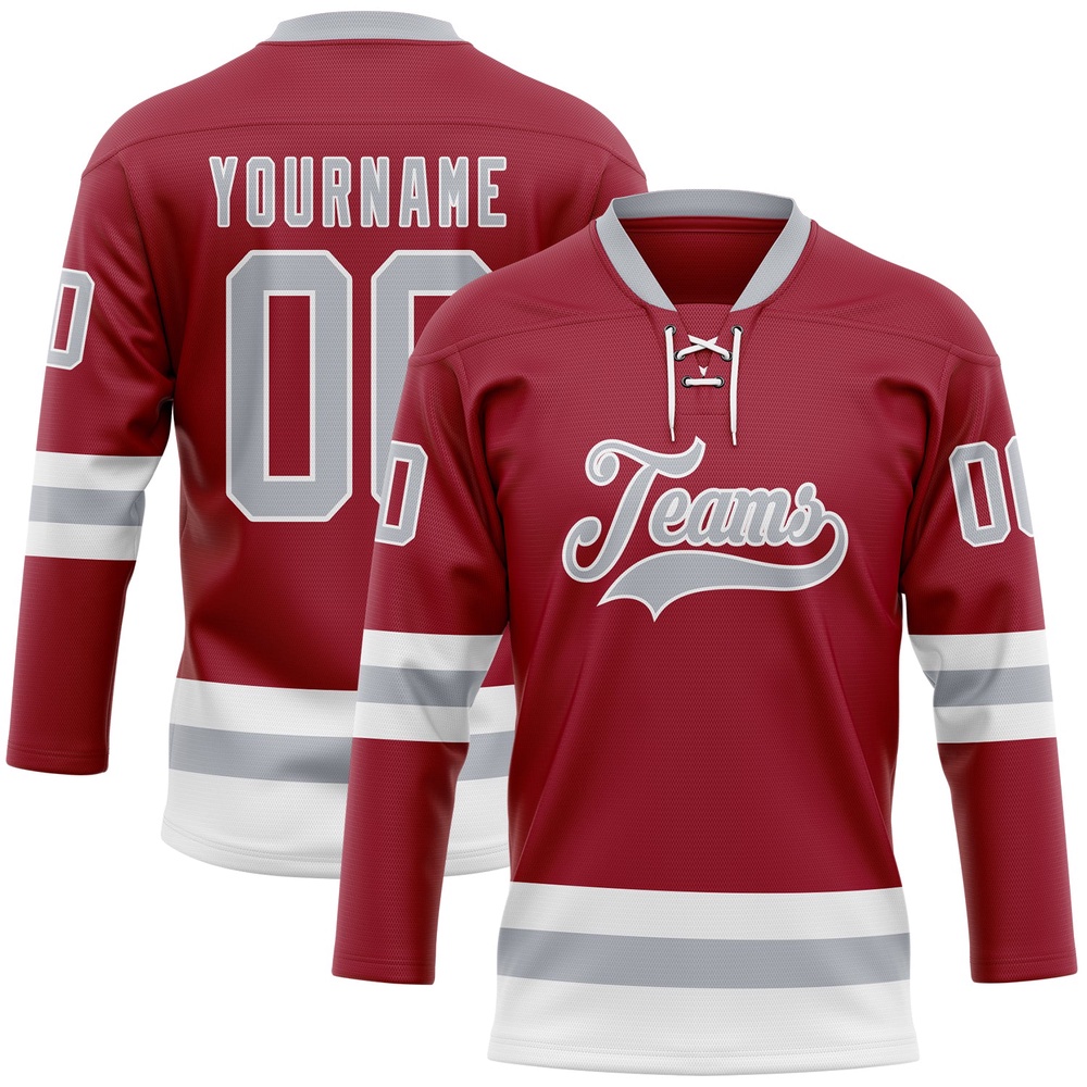 Custom Maroon Gray White Hockey Lace Neck Jersey, New Hockey Jersey, Personali Sport Team Jersey Shirt Custom Maroon Gray White Hockey Lace Neck Jersey, New Hockey Jersey, Personali Sport Team Jersey Shirt