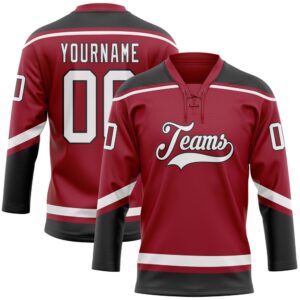 Custom Maroon White Black Hockey Lace Neck…