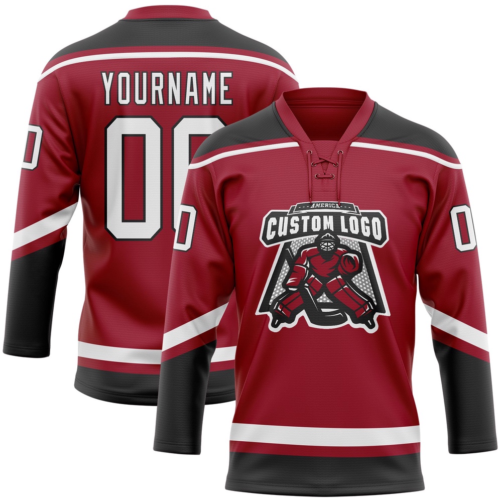 Custom Maroon White Black Hockey Lace Neck Jersey, New Hockey Jersey, Personali Sport Team Jersey Shirt Custom Maroon White Black Hockey Lace Neck Jersey, New Hockey Jersey, Personali Sport Team Jersey Shirt