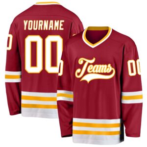 Custom Maroon White Gold Hockey Jersey, New…